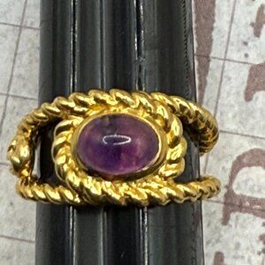 Designer Gold Over 950 Sterling Silver Purple Amethyst Cabochon Rope Ring Viola